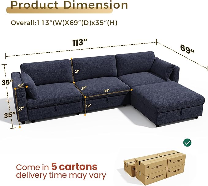 KKL Oversize Modular Sectional Sofa Couches for Living Room, 113" L Shaped Sofa with Adjustable Backrest, Couch Down Filled Sectional Sofa with Storage Ottoman Chenille, Blue
