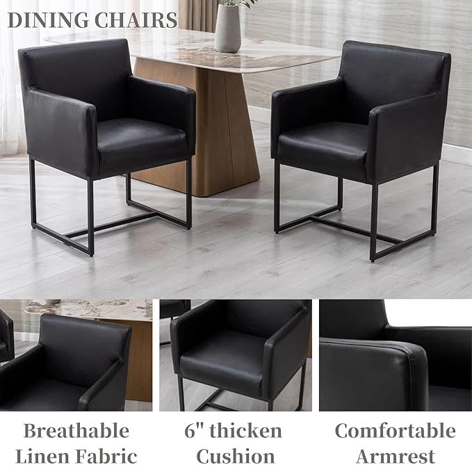 BESTANO Upholstered Dining Chairs with Arms Set of 2 PU Leather Mid Century Modern Accent Chairs Armchairs with Gold Metal Frame, Modern Kitchen & Dining Room Chairs, Black