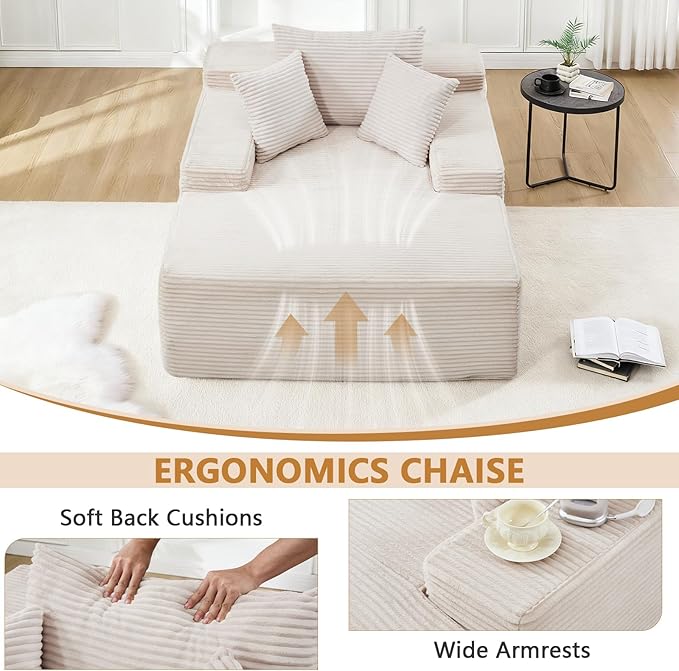 67.3'' Oversized Chaise Lounge Chair Indoor,Corduroy Boneless Couch with 3 Pillows Wide Armrest,Comfy Cloud Couch Sleeper Sofa Reading Chairs for Living Room Bedroom,No Assembly Required (Beige)