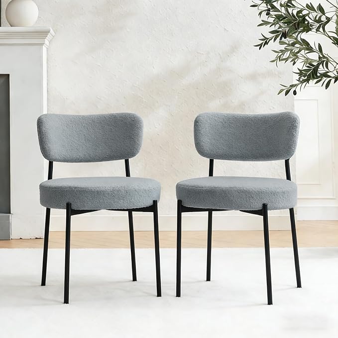 Stabrech Grey Boucle Dining Chairs Set of 2, Upholstered Dinner Chair with Metal Frame, Dining Room Chairs with Padded Seat, Round Modern Seating for Living Room