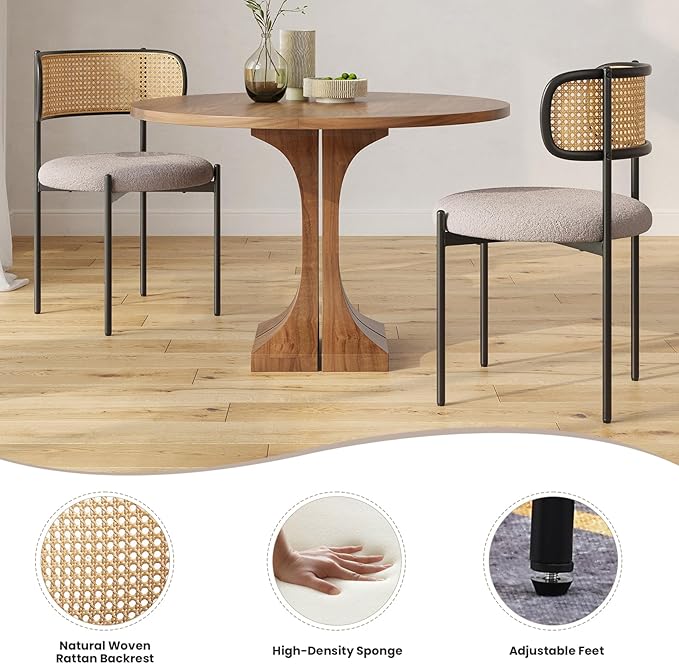 Farini Dining Chairs Set of 2,Mid-Century Modern Kitchen Chair Rattan Backrest Round Upholstered Sherpa Dining Chairs with Metal Legs,Light Grey