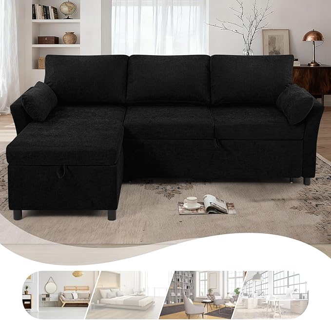 ACMEASE 83 Inches Fabric Sectional Sofa with Pull Out Sofa Bed, Modern L Shaped Sofa with Throw Pillows, Comfortable Sleeper Couch with Storage Chaise for Living Room, Black