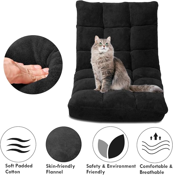 Giantex Floor Chairs for Adults - Floor Gaming Chair with Back Support, Coral Velvet, 14 Adjustable Position, Thick Sponge Padding, Floor Seating Lounge for Reading, Watching TV, Meditation (Black)