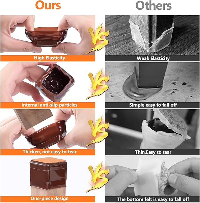 BAIPOK 36Pcs Chair Leg Floor Protectors, Square Silicone Chair Leg Protectors for Hardwood Floors, Felt Furniture Pads Chair Sliders, Chair Leg Covers, Reduce Noise & No Scratch, Brown, Large