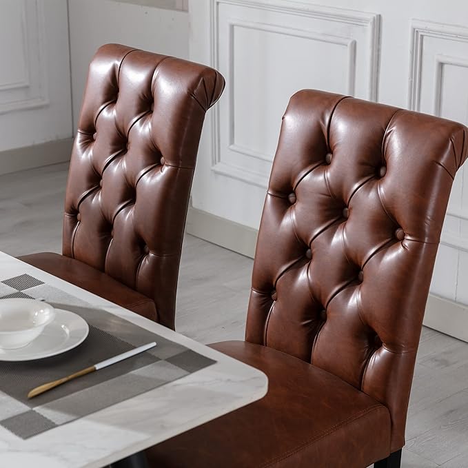 chairus Dining Chairs Set of 2 Mid Century Modern Living Room Chairs with Button Tufted High Back PU Leather Armless Chair Comfy Upholstered Side Chairs for Kitchen/Restaurant/Bedroom, Brown