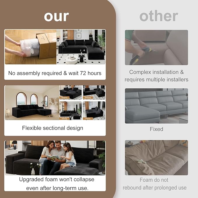 KAPEETOO Modular Sectional Sofa Cloud Couch for Living Room, Right L Shaped Boneless Couch with Chaise Longue, Oversize 3-Seater Sectional Sleeper Sofa Set with Deep Seat Bedroom (Grey)