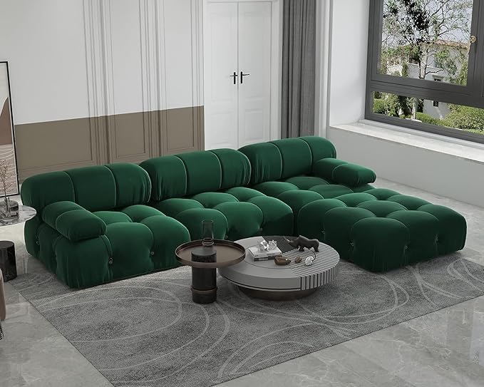 JACH 104" Modular Sofa Sectional Couch, L-Shaped Minimalist Velvet Couches, Mid-Century Comfy Couch with Reversible Chaise Ottoman for Living Room, Apartment (Green)