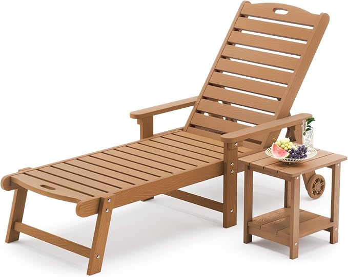 LUE BONA Chaise Lounge Chair with Table, 2-Piece, HDPS Chaise Lounger, 5 Positions Adjustable Lounge Chairs, Pool Lounge Chair with Wheels for Poolside, Backyard, Teak Color
