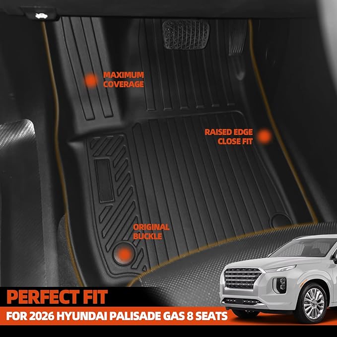 All Weather Floor Mats for 2026 Hyundai Palisade Gas 8 Seats Floor Mats & Trunk Mat with Backrest Mats & 2nd Backrest Mats for Palisade Accessories Odorless Anti-Slip Floor Liner(Not for SE)