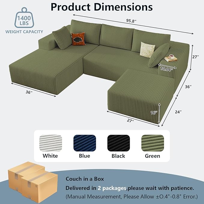 96" W Cloud Sectional Couch with Ottoman,Modern U-Shaped Cloud Couch with Deep Seat,Comfy Corduroy 3-Seater Sofa,Memory Foam Sofa for Living Room,No Assembly (Green,Left-Facing Chaise)