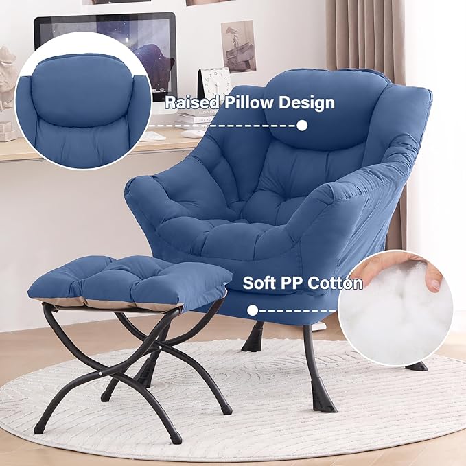 Tiita Lazy Chair with Ottoman, Blue Chairs Modern Large Accent Lounge Armchair, Comfy Leisure Sofa Reading Chair with Footrest for Bedroom, Living Room, Dorm Rooms, Garden and Courtyard, Blue