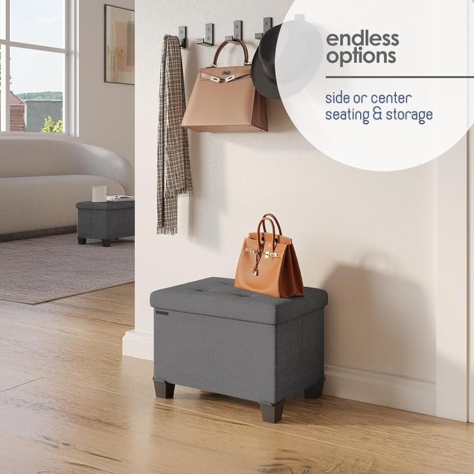 Storage Ottoman Cube with Small Bin, 16-in Square Ottoman with Storage for Living Room and Bedroom, Small Ottomans Foot Rest, Fabric Foot Stools Ottomans Max 330lbs, Grey
