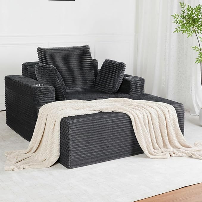 54"W Oversized Chaise Lounge Chair Indoor, Boneless Chaise Lounge Couch, Convertible Comfy Reading Chairs, Corduroy Sleeper Couch Chair for Living Room, Compression Sofa with Ottoman, Dark Grey