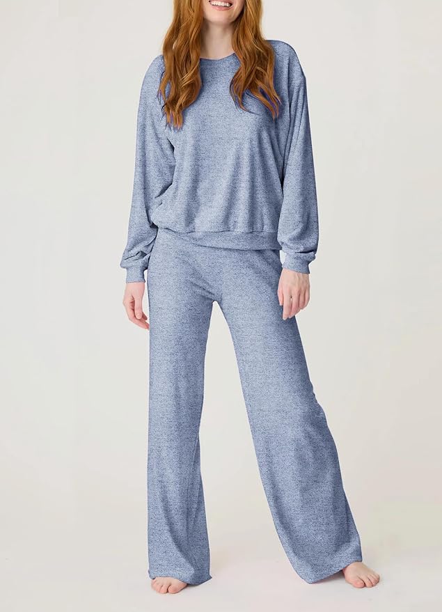 Aamikast Women's 2-Piece Lounge Set Soft Brushed Jersey Sleepwear Pajamas Set Long Sleeve Top & Wide Leg Pants