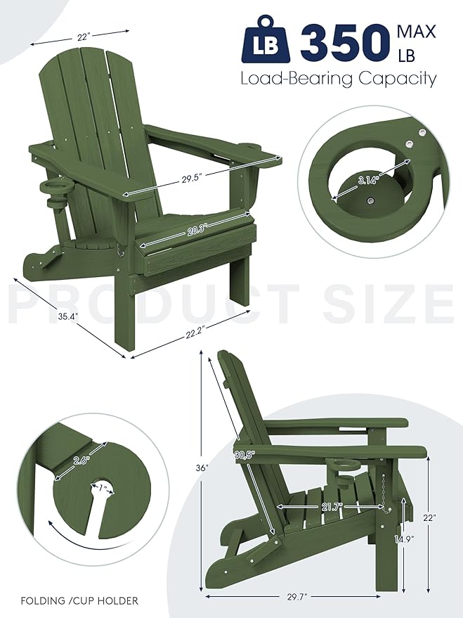 KINGYES Folding Adirondack Chair Set of 4, Dual Cup Holders & All-Weather HDPE, Wood-Like Patio Chair for Backyard, Camping, Pool & Fire Pit, Avocado Green