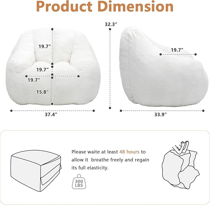 Setawix Bean Bag Chair with Filler, Comfy Teddy Bean Bag Chairs for Adults and Kids, Cozy BeanBag Sofa Fully Floor Couch with Memory Foam for Living Room Bedroom,White
