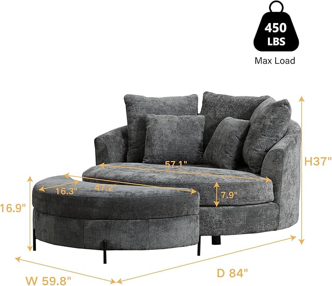 Chifee & Vingol 59.8" W Oversized Accent Barrel Chair Round Chair with Ottoman & Movable Wheels,Charcoal
