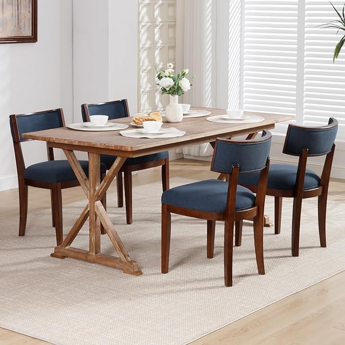DM Furniture Cozy Upholstered Farmhouse Dining Chair Set of 6, Solid Wood Frame Rustic Side Chair, Curved Back Armless Kitchen Chair for Inviting/Dining/Living Room/Restaurant, Space Saving, Blue