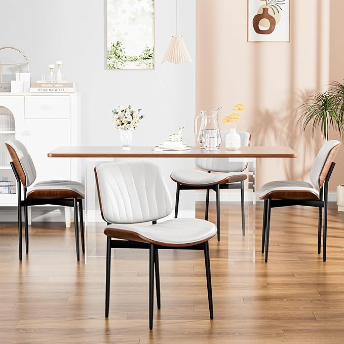 YaFiti Dining Chairs Set of 2, FSC Certified Mid Century Modern Accent Dining Room and Kitchen Chairs, Upholstered PU Leather Shell Chairs for Vanity with Walnut Bentwood and Metal Legs, White