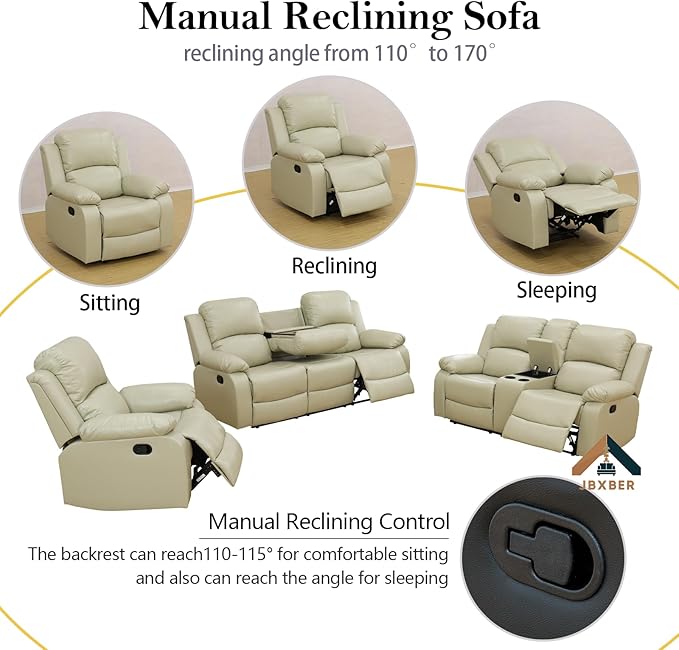JBXBER Manual Recliner Sofa Set for Living Room, Leather Reclining Sofa Sets, Faux Leather Couch Set with Cup Holders, Drop-Down Table and Storage Console(Sofa and Chair,Beige)