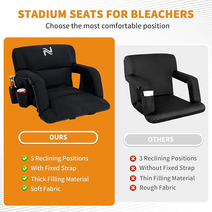 LILYPELLE Wide Stadium Seats with Back Support, Thick Bleacher Chairs with Comfy Cushion, 6 Reclining Positions Stadium Chair Bleacher Chairs with Armrests, Ultimate Comfort for Sports Events