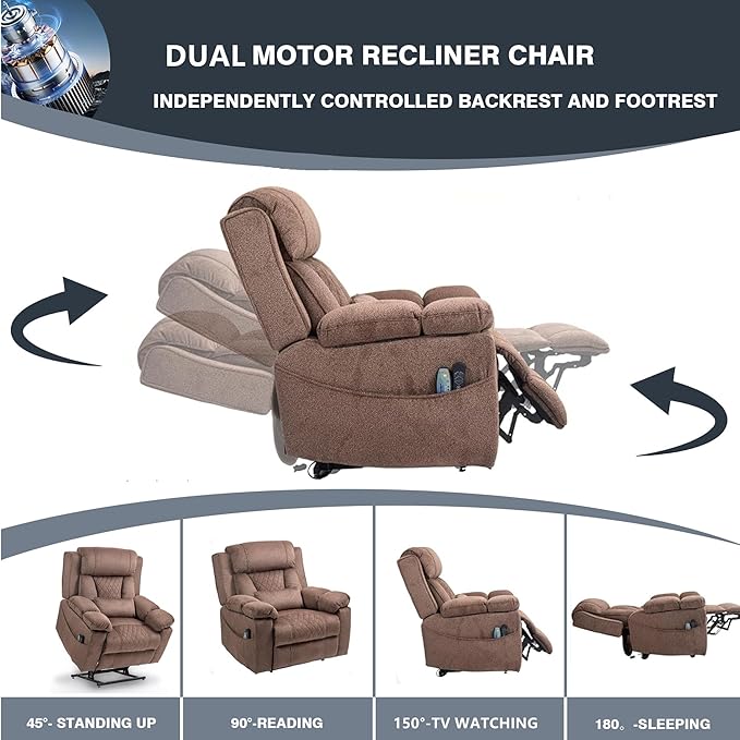Oversized Lift Assist Recliner Chair with Massage Heating, Extra Wide Lay Flat Recliner Chairs with Lumbar Pillow, Flip Arm Storage Cup Holders and USB Type C Charging for Elderly Sleeping