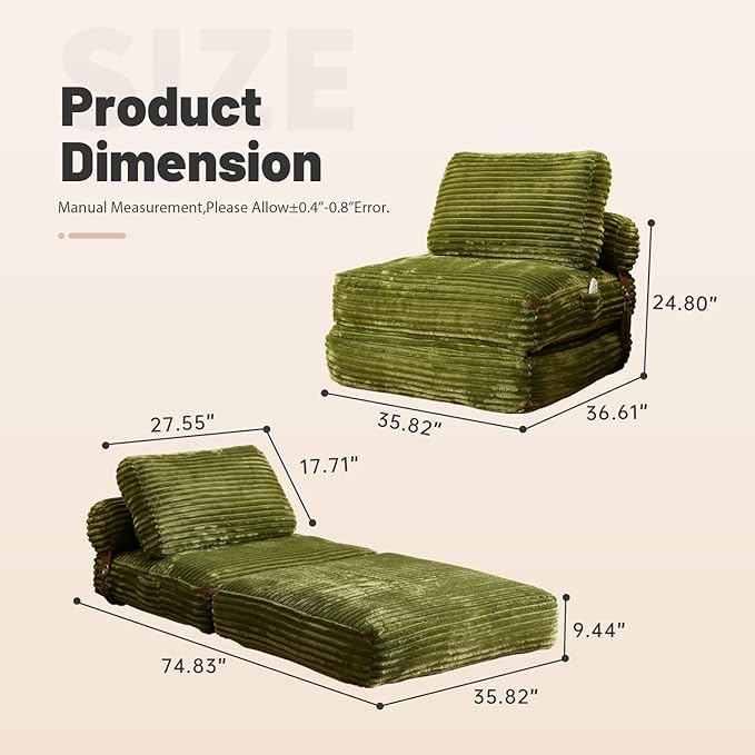 CAODOC Folding Sofa Bed Convertible Sleeper Chair with Pillow, Foldable Mattress Lounge Chair for Living Room Bedroom, Portable Guest Bed Green