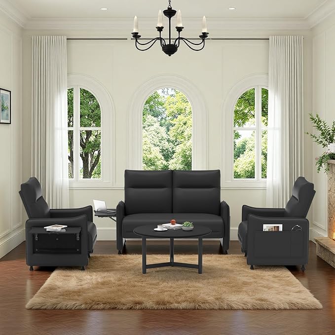 3-Piece Living Room Sofa Set, Faux Leather Loveseat & Accent Chairs Set of 2 with Hidden Foldable Tray & Side Pocket, Front Contour Arm Design, Upholstered Sofa Set for Office, Black