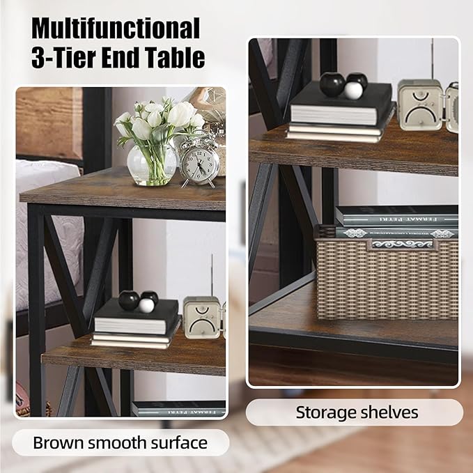 TooCust Square End Table with Storage Shelf, 16" D X 16" W X 24" H, 3-Tier End Table Living Room, Rustic Brown End Tables, X-Shaped Night Stand for Bedroom, Farmhouse Wood End Tables