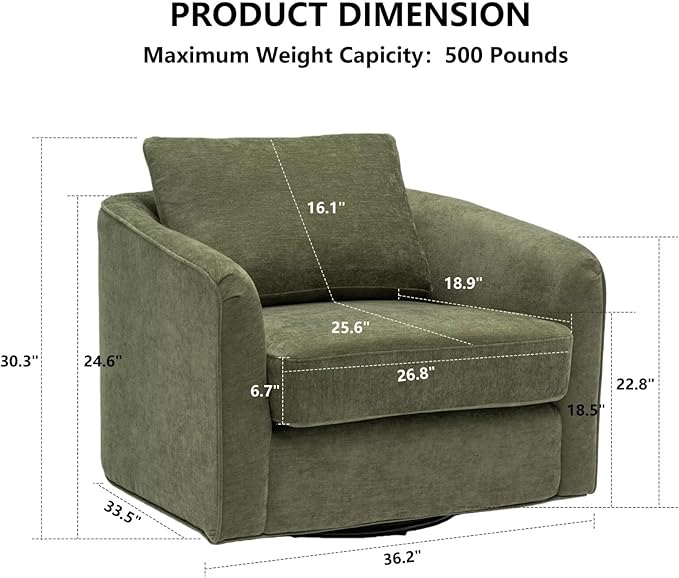 MINCETA Oversized Accent Chair for Living Room, 360° Swivel Barrel Chair with High Density Foam, Modern Glider Chair with Performance Fabric Upholstered Armchair for Apartment, Bedroom Green
