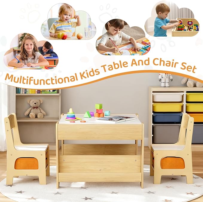 Arlopu Kids Table and Chairs Set, 4 in 1 Toddler Art Desk with Storage Drawer, Wooden Activity Deskboard, Blackboard, Reversible & Detachable Tabletop, Bookshelf for Drawing, Reading (Natural & White)