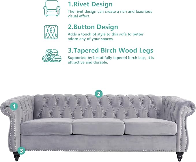 QHITTY Accent Large Sofa, Chesterfield Couch 3 Seater Modern Velvet Couch Upholstered Sofa with Tufted Back for Living Room Furniture (Grey)