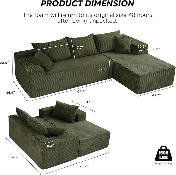 Sectional Cloud Boneless Couch for Living Room Bedroom, Comfy Modern L Shaped Modular Sofa with Right Facing Chaise, Deep Seat Memory Foam Couch in Box, No Assembly (Fine Striped Corduroy, Green)