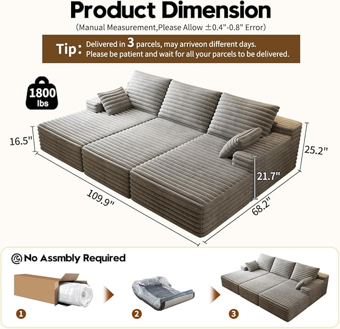 Oversized Lounge Chaise,Cloud Plush Sofa Bed,Upholstered Boneless Cloud Sofa Deep Seat,No Assembly Required,Modern Corduroy Sleeper 3 Seater Chair for Living Room Bedroom Reading,Grey