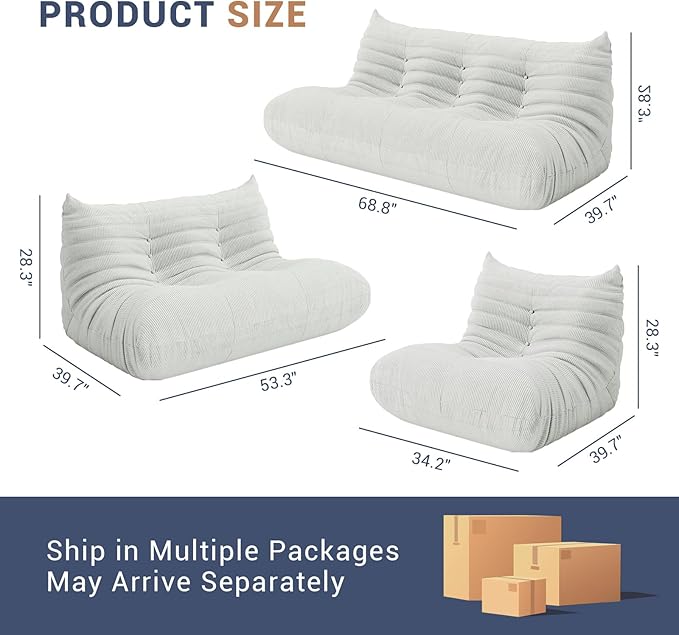 Fireside Chair Corner Bean Bag Chair for Adults, Modern Corduroy Fabric Caterpillar Sofa Couch, Lazy Floor Sofa Armless Foam Couch Lounger Tatami Recliner for Living Room Bedroom Dorm Office