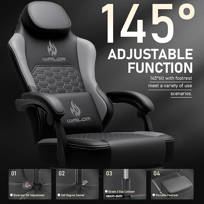 Gaming Chair with Massage and Packet Spring Cushion,Ergonomic Gamer Chairs for Adults with Footrest 300lbs,High Back Gamer Leather Chair with Headrest and Lumbar Support