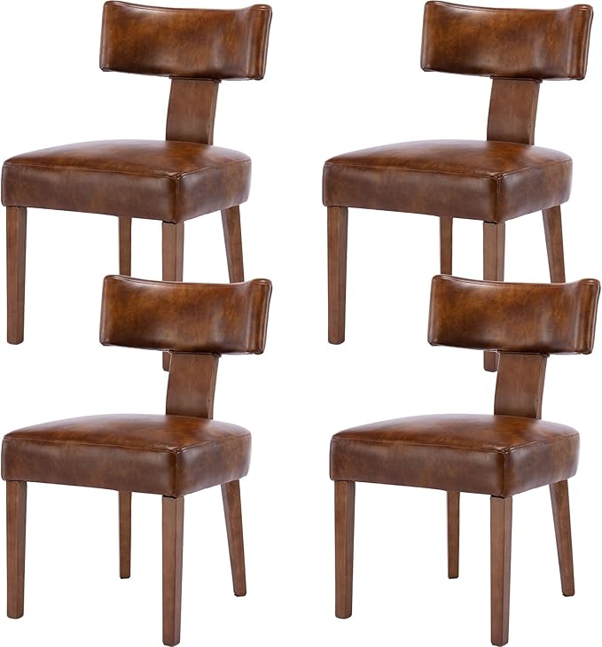 RIVOVA Set of 4 PU Leather Upholstered Side Chairs, Modern Kitchen Armless Parson Chairs Solid Wood Dining Chairs, Brown