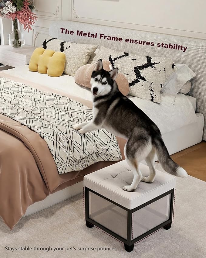 ABHENG 17.7 inches Chenille turfed Ottomans Cube with Storage, Metal-Framed Square Storage Ottoman Foot Rest Stool Holds 770 LB for Dorm Living Room Bedroom White UASND641W