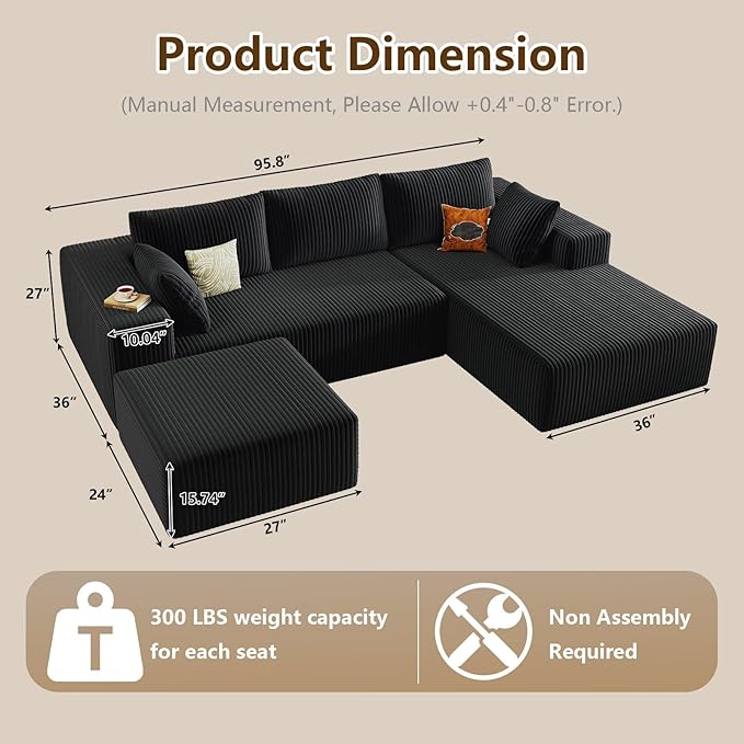 96" U-Shape Cloud Couch, Modern Modular Sectional L-Shape Sofa with Ottoman, Corduroy Upholstered Couches Deep Seat Sleeper Chaise Longue for Living Room, No Assembly Required(Black, Right Facing)