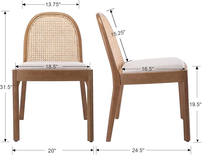 DUOMAY Mid-Century Modern Rattan Dining Chairs Set of 4, Wooden Dining Room Chair with Cane Backrest and Padded Seat, Linen Upholstered Dining Chair, Natural Finish, Beige