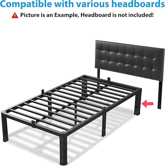 VIPSHOW 16 Inch Twin Size Bed Frame, 3500Lbs Heavy Duty Metal Platform with Round Corner Legs Mattress Slide Stopper, Steel Slat Support No Box Spring Needed, Noise Free, Non-Slip, Easy Assembly