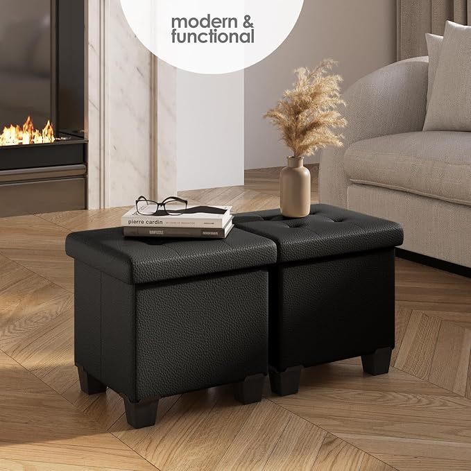 Storage Ottoman Cube with Small Bin, 16-in Square Ottoman with Storage for Living Room and Bedroom, Small Ottomans Foot Rest, Faux Leather Foot Stools Ottomans Max 330lbs, Black