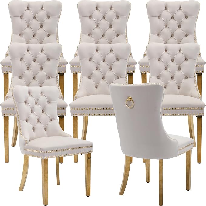 YeahFurn Mid Century Modern Dining Chairs Set of 8, Beige Velvet Upholstered Tufted Back, Kitchen & Dining Room Chairs, Gold Metal Legs, Nailhead Trim, Sillas para Comedor (Beige, 8 Pcs)