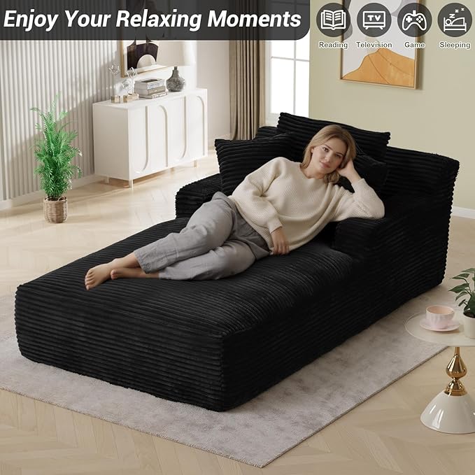 50"W x 76"D Oversized Chaise Lounge Chair Indoor Boneless Reading Chair Plush Corduroy Recliner Large Deep Seat Upholstered Sleeper Comfy Sofa Bed Couch with 3 Pillows for Living Room Bedroom, Black