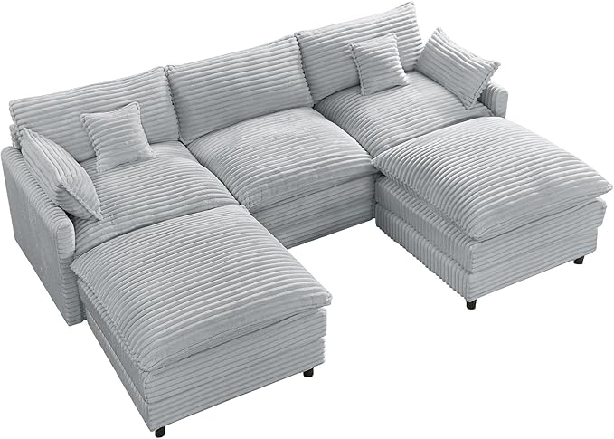 HYJT-H&K 108" U Shaped Cloud Couch Modular Grey Sectional Couches for Living Room, Comfy Fluffy Corduroy Oversized Cloud Sectional Couch Large 5 Seat Sectionals Sofa Set, Grey