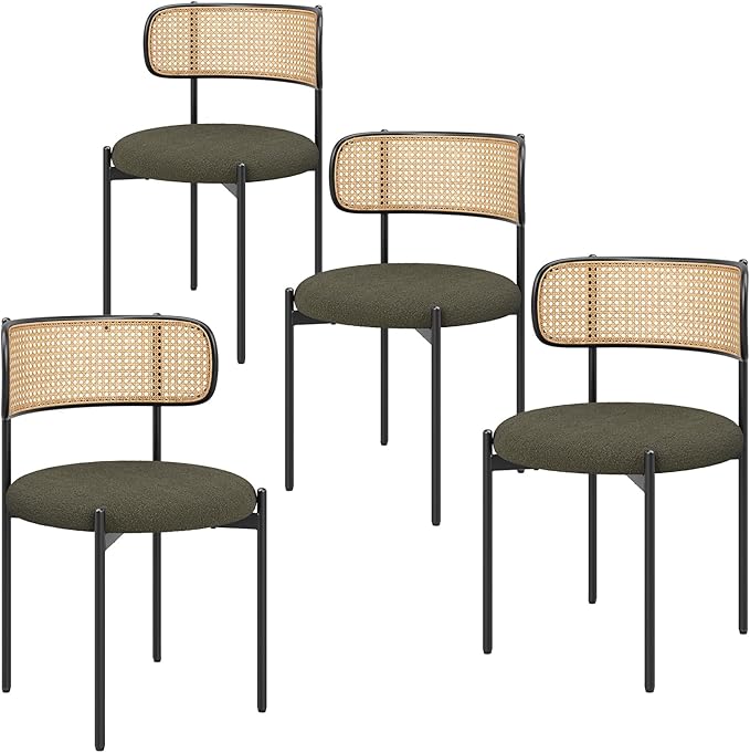 Farini Dining Chairs Set of 4,Mid-Century Modern Kitchen Chair Rattan Backrest Round Upholstered Sherpa Dining Chairs with Metal Legs,Green