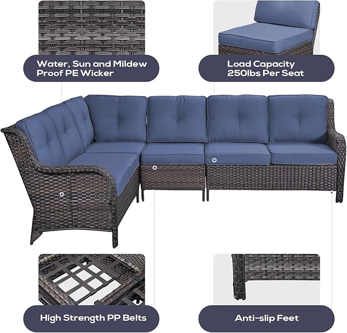 Belord Outdoor Sectional Sofa Furniture Set with Propane Fire Pit Table, Wicker Patio Conversation Set with 2 Swivel Glider Rocker Chairs Blue Cushion Perfect for Backyard Casual Gathering