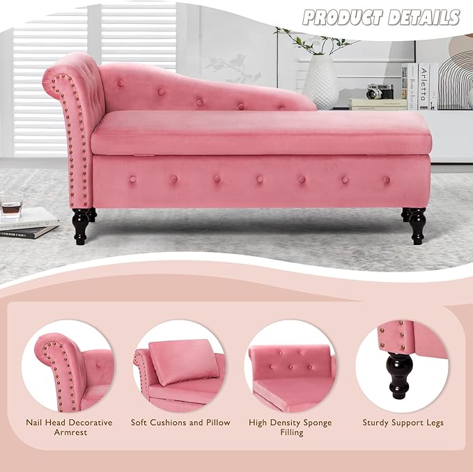 ACMEASE Upholstered Velvet Chaise Lounge with Left Armrest & Storage Space,Button Tufted Lounge Chair w/Lumbar Pillow,Modern Lounge Chair for Bedroom, Living Room and Office,Pink