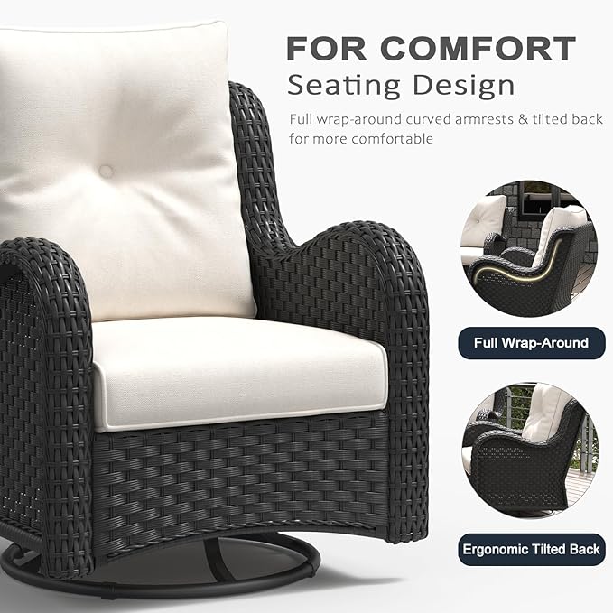 LayinSun 7 Pieces Outdoor Patio Furniture Set with Fire Pit Table, Rattan Wicker Sectional Swivel Rocker Chairs Sets with Ottomans, Swivel Glider Chairs and Coffee Table