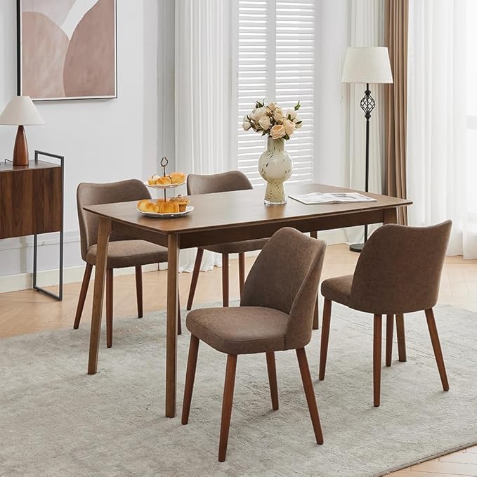 ElfinAura Dining Chair Set of 4, Leather Upholstered Dining Chair with Wood Legs, Wing Backrest, Wooden Kitchen Chair, Kitchen Chairs with Thick Cushions for Dining Room, Living Room, Taupe
